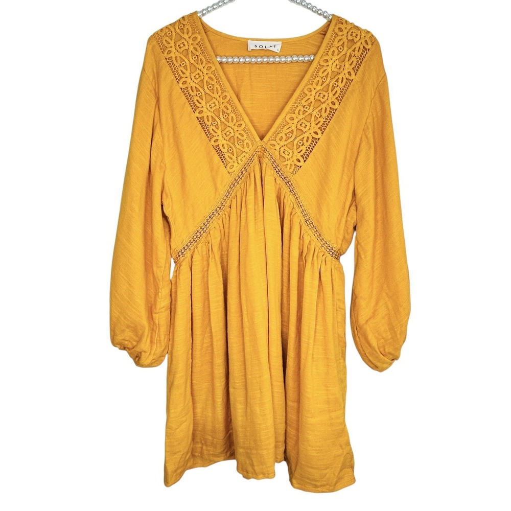 Solai Boho Embroidered Mini Dress Large Festival Cottage Empire Resort Yellow